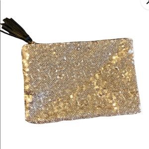 IPSY Glam Gold Sequin Glitter Bling Paillette Cosmetic Zipper Tassel Bag